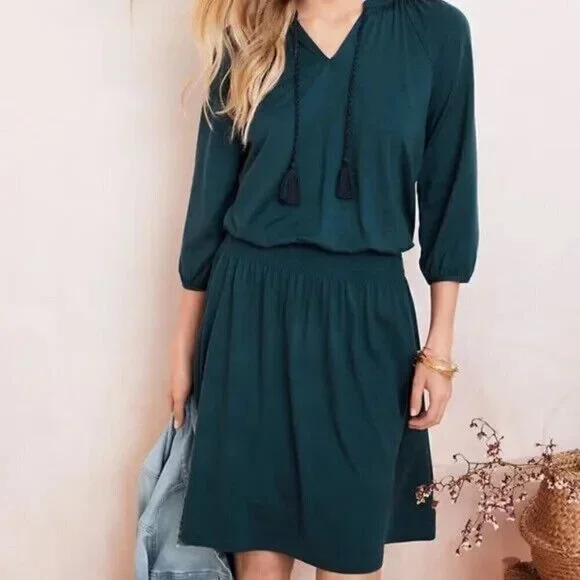 NWT GARNET HI V-neck 3/4 Sleeve Smock Waist Teal Tencell Blend Dress Sz S Boho - Picture 1 of 14